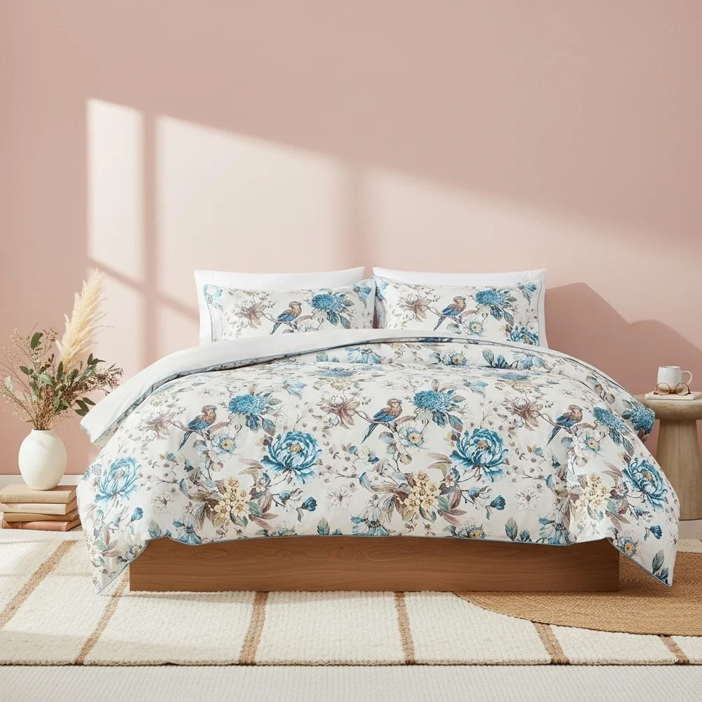 NEW Anthro White Blue Floral Bird Cotton Boho Queen King Bedding Duvet Sham Set - Picture 2 of 14